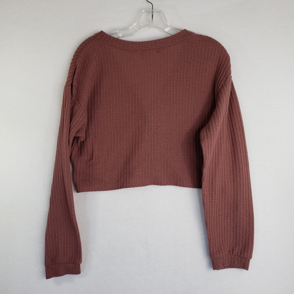 Romwe Cropped Cardigan Womens Medium Mauve Waffle Knit Long Sleeve Button Up Top - Picture 2 of 7